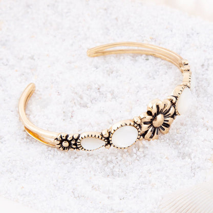 Floral White Mother of Pearl Golden Cuff Bracelet Barse Jewelry