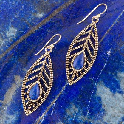 Flourished Blue Lapis Golden Feather Drop Earrings Barse Jewelry