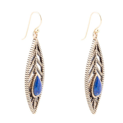 Flourished Blue Lapis Golden Feather Drop Earrings Barse Jewelry