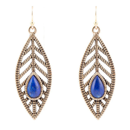 Flourished Blue Lapis Golden Feather Drop Earrings Barse Jewelry