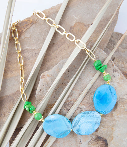Fresh Twist Lime and Blue Agate Golden Chunky Necklace Barse Jewelry