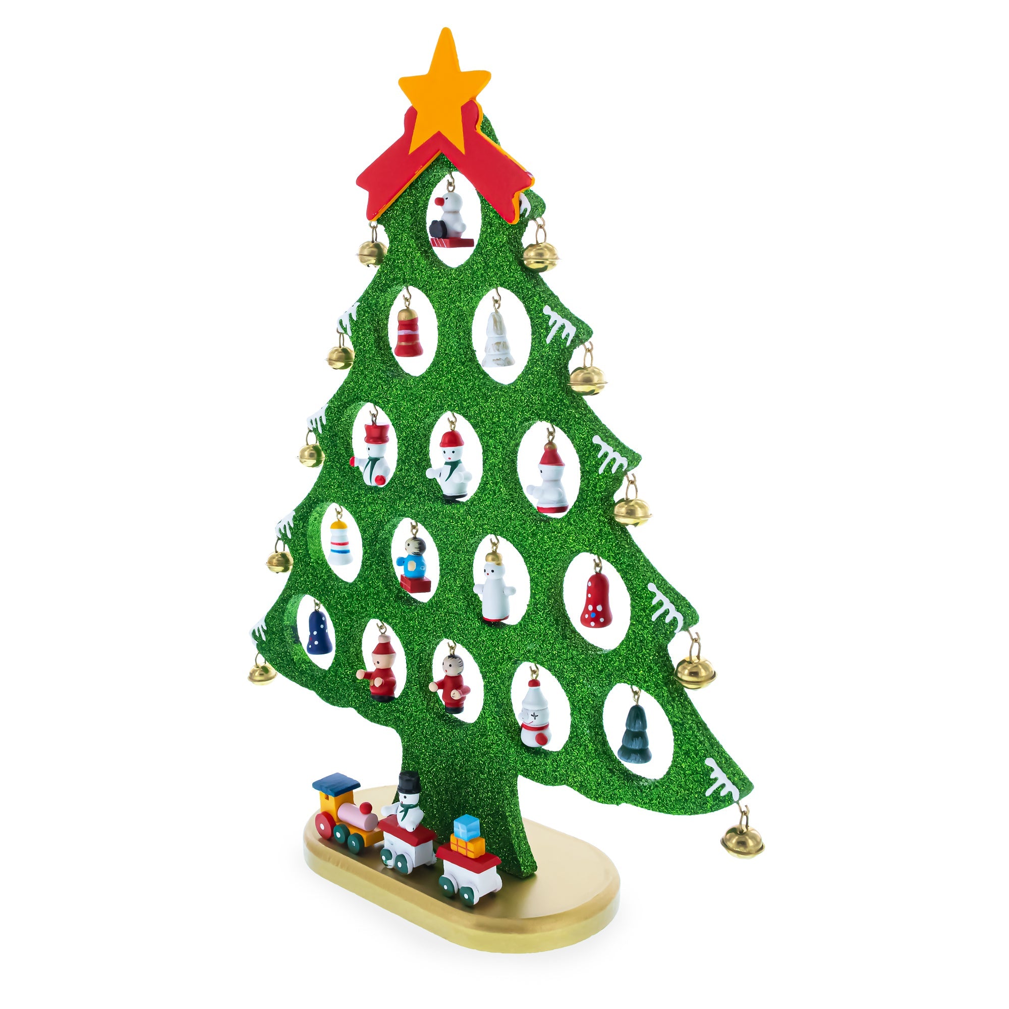 Wooden Tabletop Christmas Tree with 25 Miniature Ornaments and Train Base 12 Inches BestPysanky