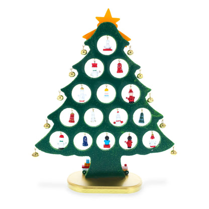 Wooden Tabletop Christmas Tree with 25 Miniature Ornaments and Train Base 12 Inches BestPysanky