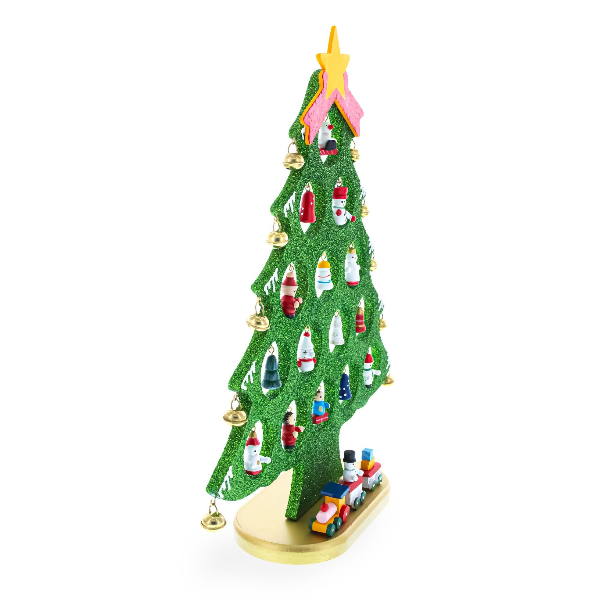Wooden Tabletop Christmas Tree with 25 Miniature Ornaments and Train Base 12 Inches BestPysanky