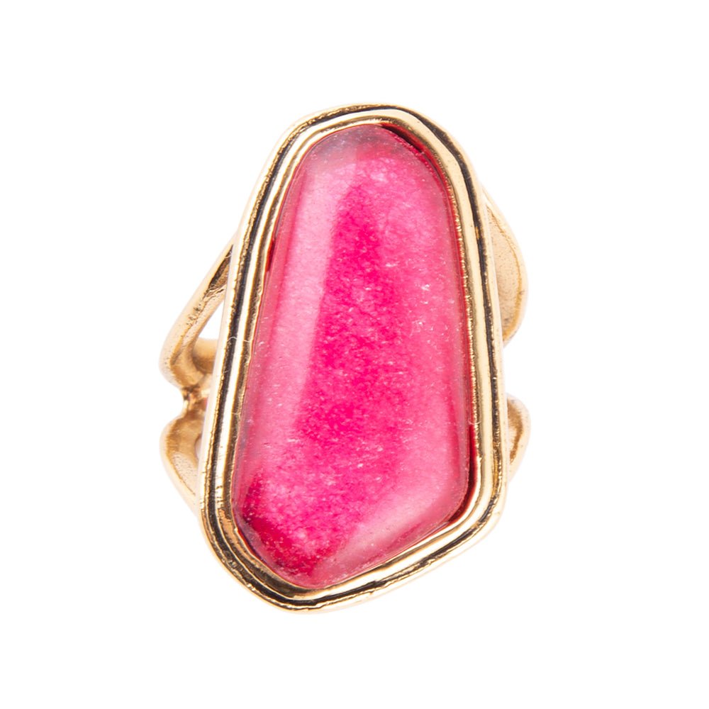 Pink Fuchsia Agate and Golden Abstract Ring Barse Jewelry