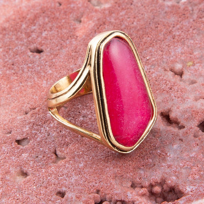 Pink Fuchsia Agate and Golden Abstract Ring Barse Jewelry