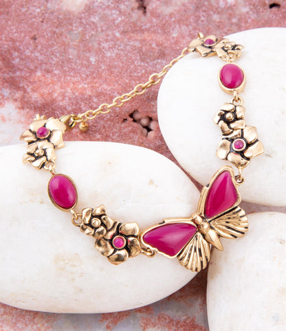 Pink Fuchsia Agate Golden Butterflies Adjustable Bracelet Barse Jewelry