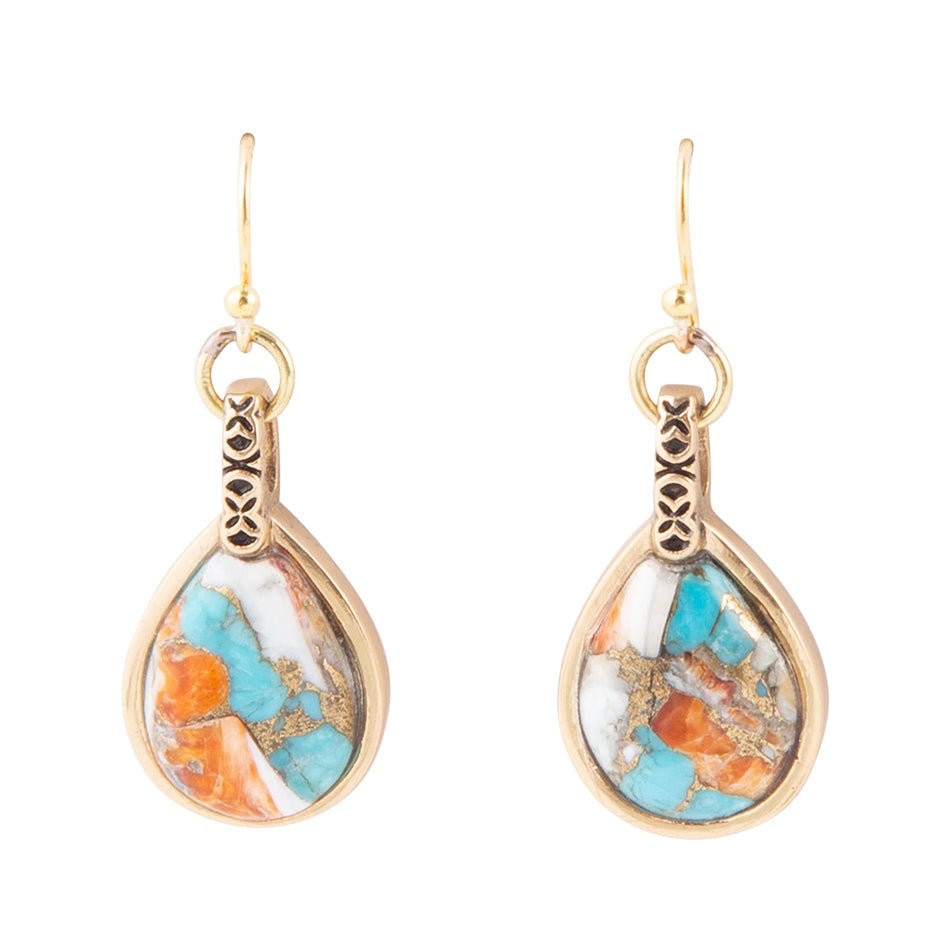 Blue and Orange Turquoise and Spiny Oyster Shell Stone Mix Golden Earrings Barse Jewelry