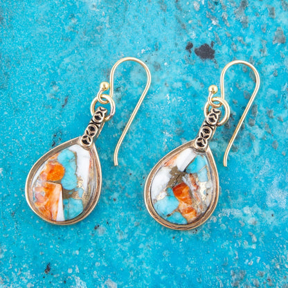 Blue and Orange Turquoise and Spiny Oyster Shell Stone Mix Golden Earrings Barse Jewelry