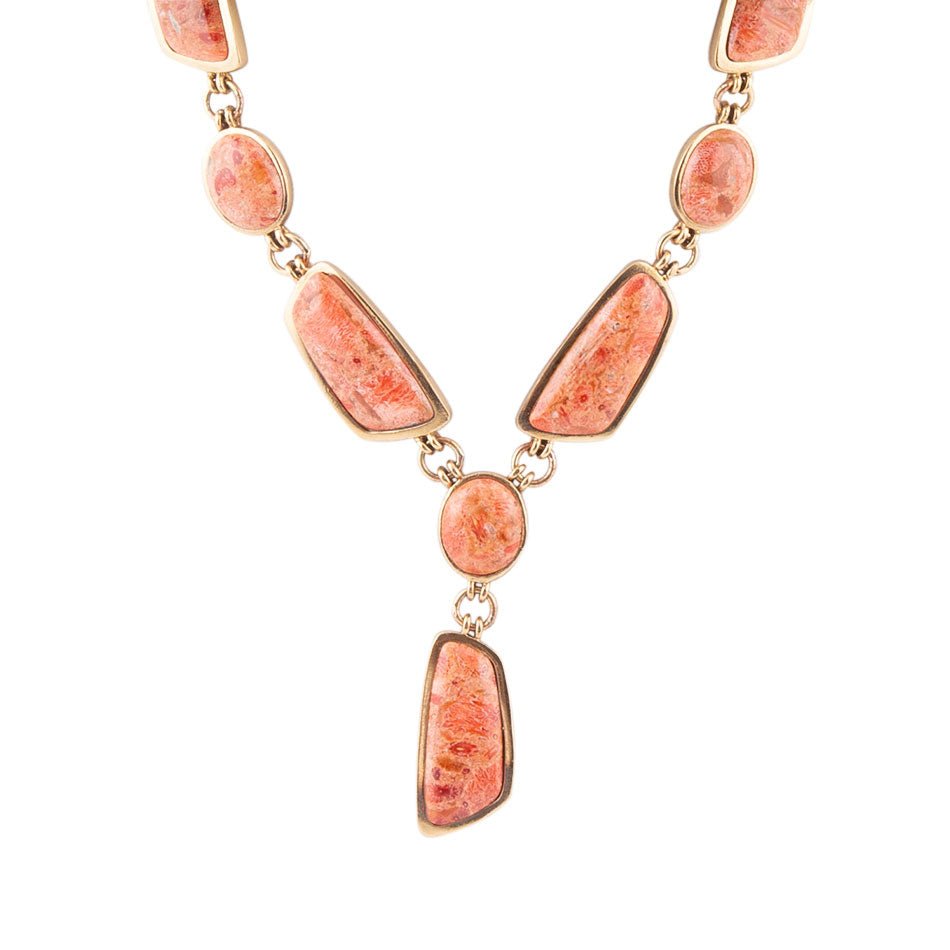 Genuine Orange Sponge Coral Golden Abstract Statement Necklace Barse Jewelry