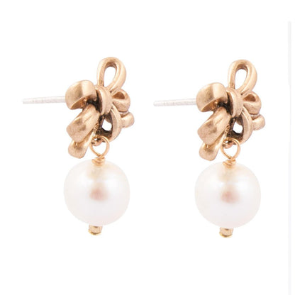 Gifted Freshwater Pearl Bow Golden Drop Earrings Barse Jewelry