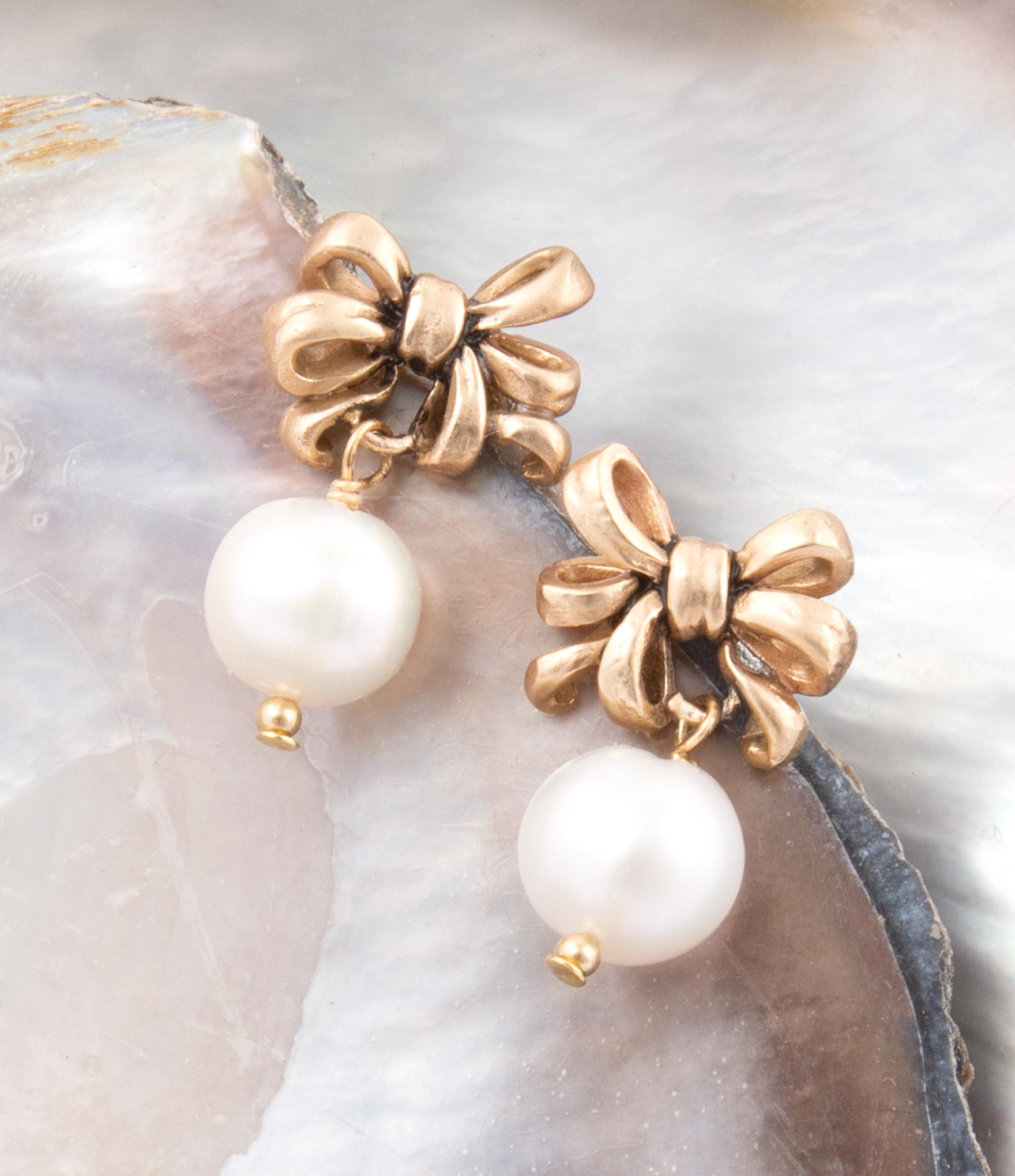 Gifted Freshwater Pearl Bow Golden Drop Earrings Barse Jewelry