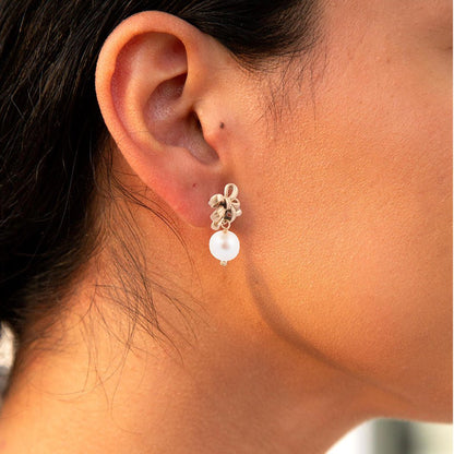 Gifted Freshwater Pearl Bow Golden Drop Earrings Barse Jewelry