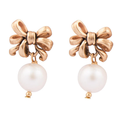 Gifted Freshwater Pearl Bow Golden Drop Earrings Barse Jewelry
