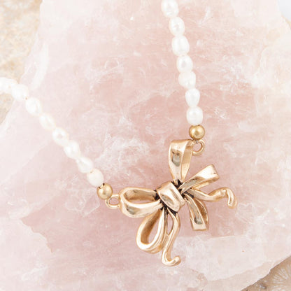 Gifted Freshwater White Pearl Golden Bow Pendant Necklace Barse Jewelry
