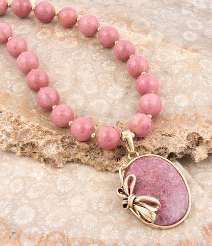 Gifted Pink Rhodonite Gold Bow Beaded Pendant Necklace Barse Jewelry