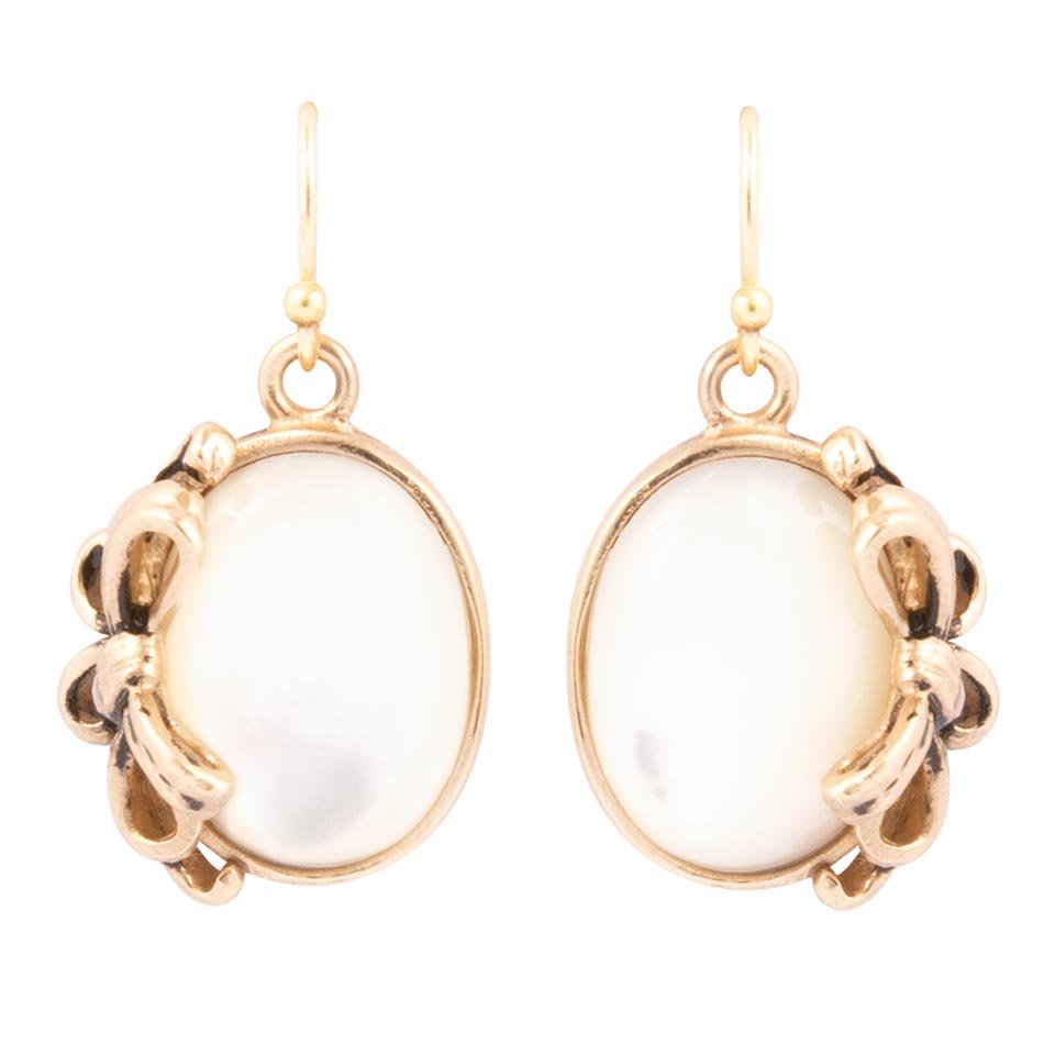 Gifted White Mother of Pearl Golden Bow Drop Earrings Barse Jewelry