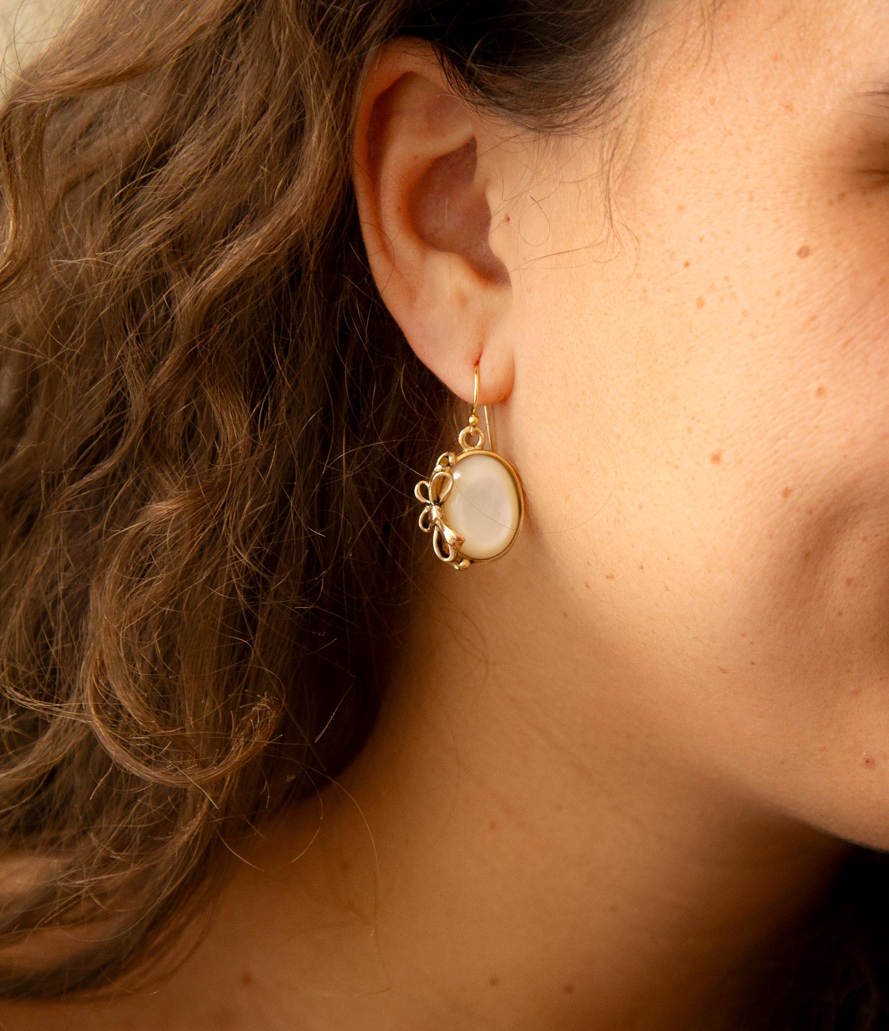 Gifted White Mother of Pearl Golden Bow Drop Earrings Barse Jewelry