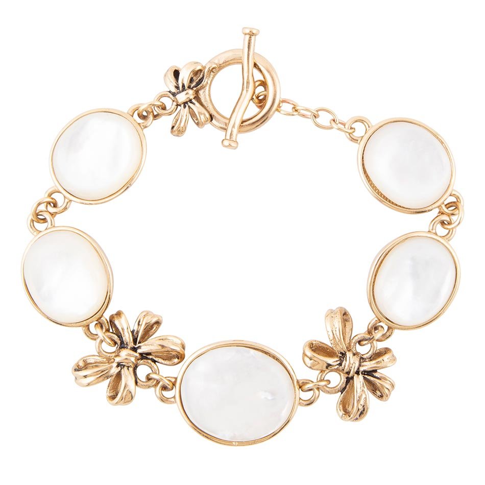 Gifted White Mother of Pearl Golden Bow Link Bracelet Barse Jewelry