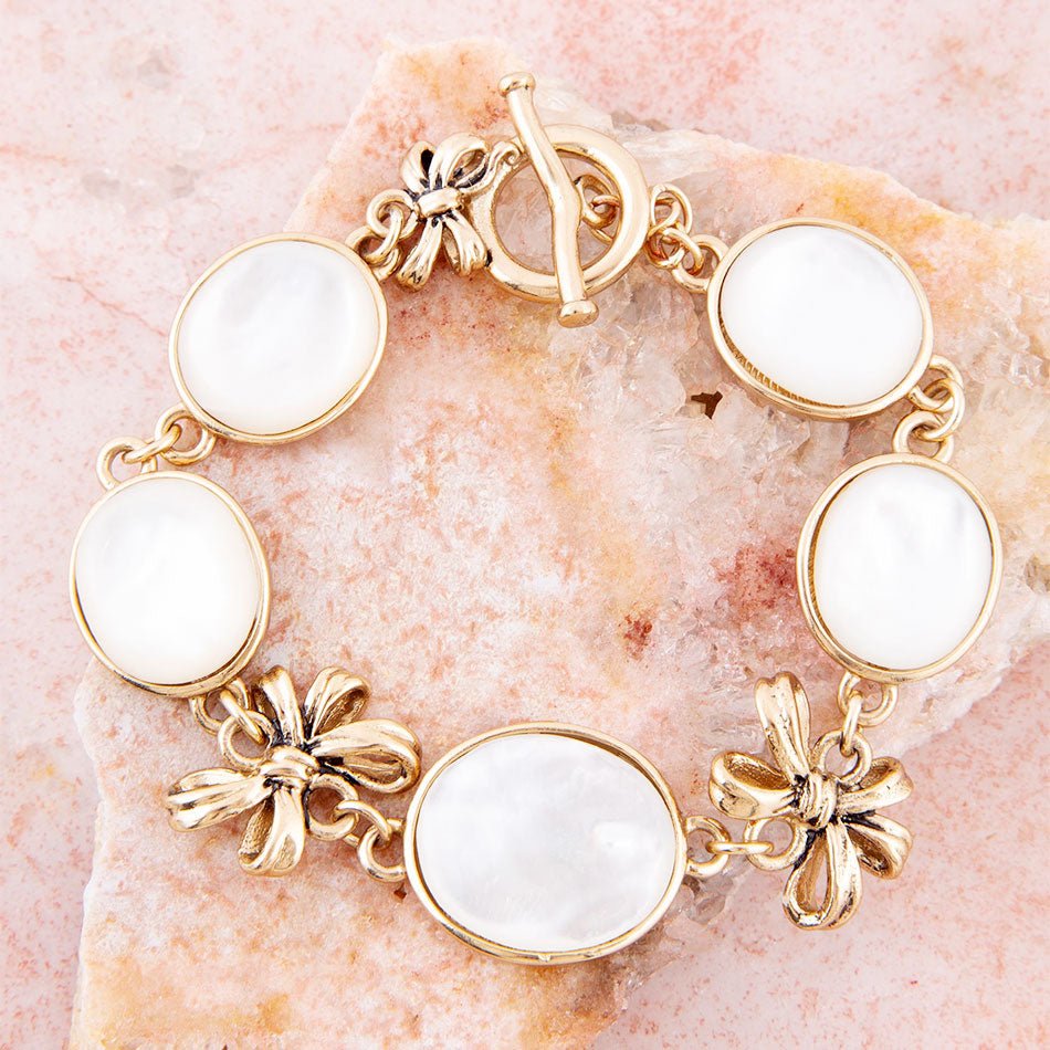 Gifted White Mother of Pearl Golden Bow Link Bracelet Barse Jewelry