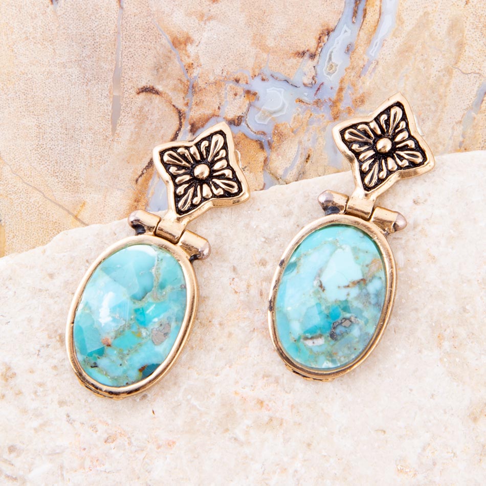 Golden Flower and Blue Turquoise Drop Earrings Barse Jewelry