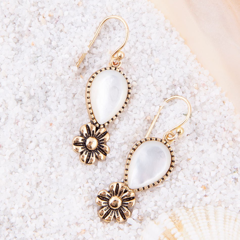 Golden Flower and White Mother of Pearl Drop Earrings Barse Jewelry