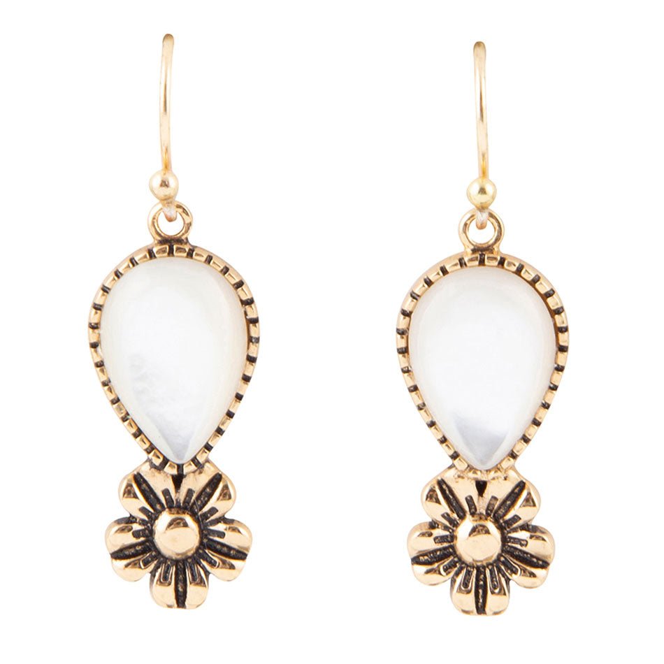 Golden Flower and White Mother of Pearl Drop Earrings Barse Jewelry