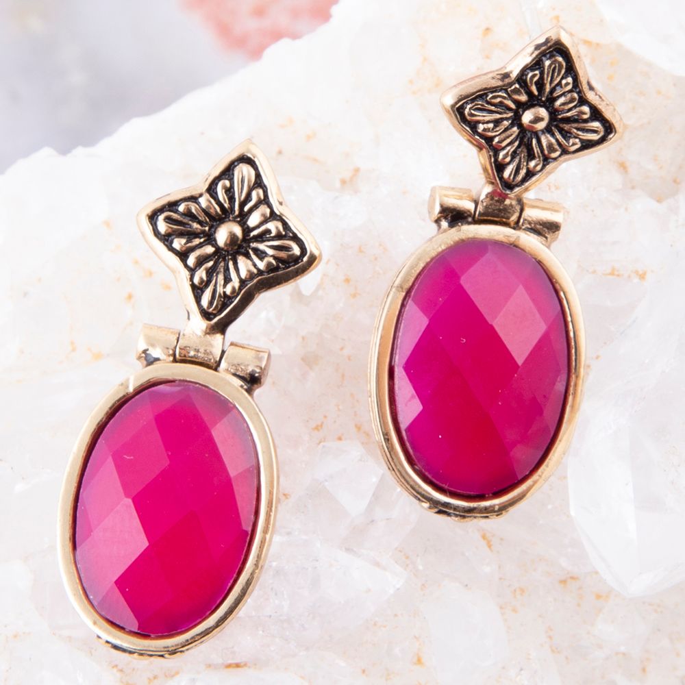 Golden Flower Pink Agate Drop Earrings Barse Jewelry