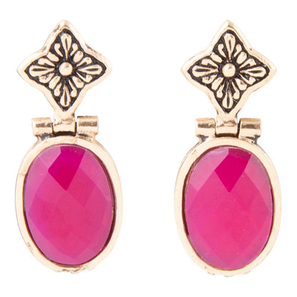 Golden Flower Pink Agate Drop Earrings Barse Jewelry