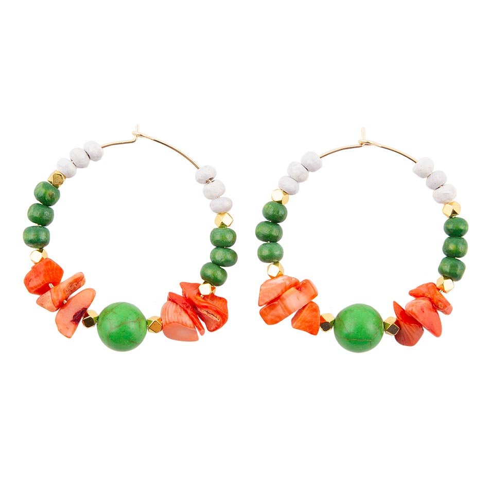 Green and Orange Coral Golden Hoop Earrings Barse Jewelry