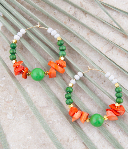 Green and Orange Coral Golden Hoop Earrings Barse Jewelry