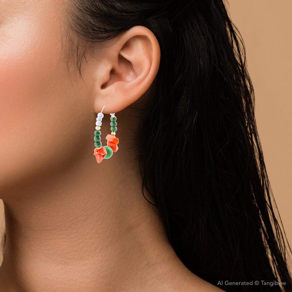 Green and Orange Coral Golden Hoop Earrings Barse Jewelry