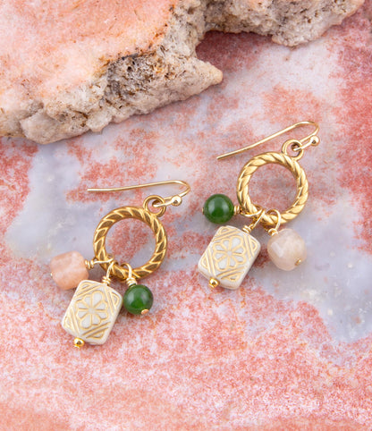 Green Jade and Pink Sunstone Golden Drop Earrings Barse Jewelry