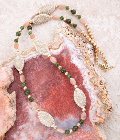 Green Jade and Pink Sunstone Golden Necklace Barse Jewelry