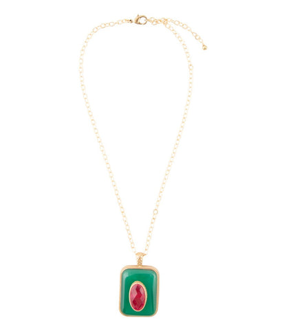 Green Onyx Stacked Red Quartz Golden Pendant Necklace Barse Jewelry