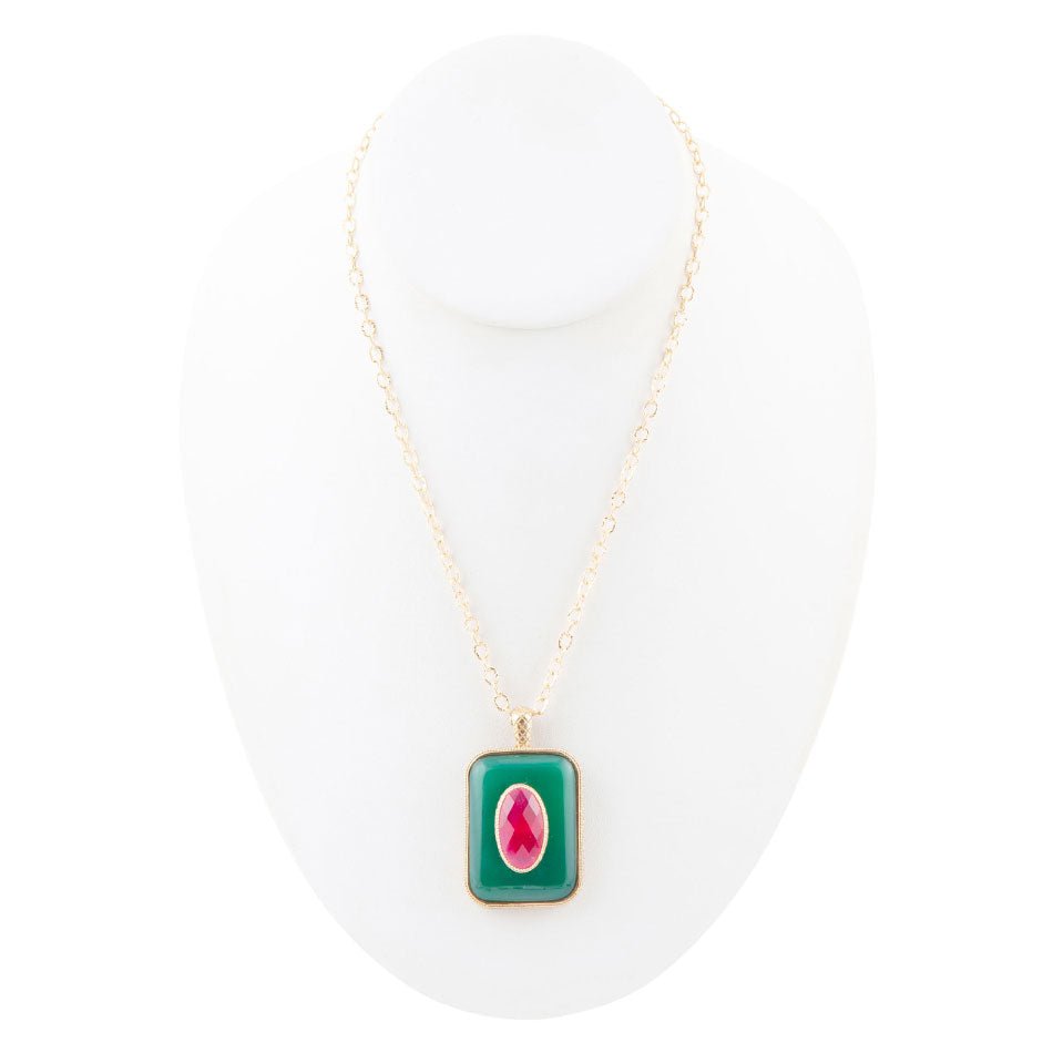 Green Onyx Stacked Red Quartz Golden Pendant Necklace Barse Jewelry