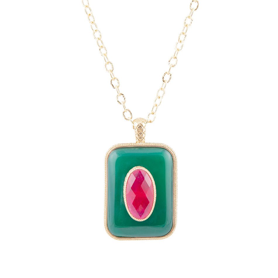 Green Onyx Stacked Red Quartz Golden Pendant Necklace Barse Jewelry