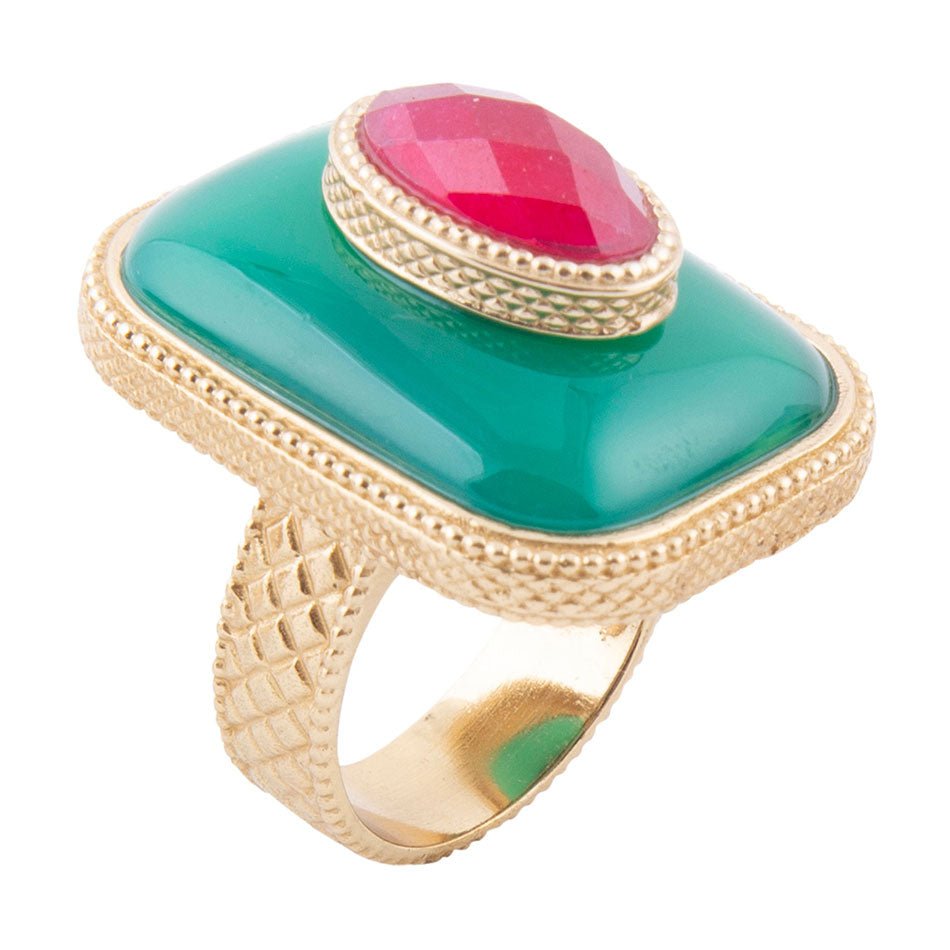 Green Onyx Stacked Red Stone Golden Statement Ring Barse Jewelry