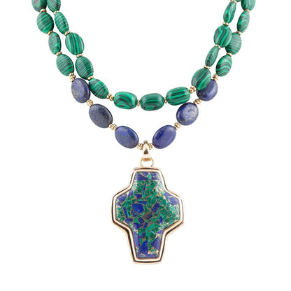 Green Malachite Azurite Cross Statement Golden Necklace Barse Jewelry