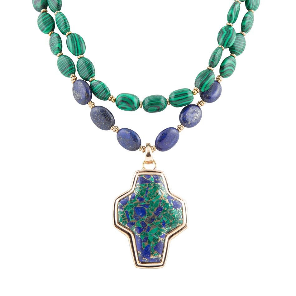 Green Malachite Azurite Cross Statement Golden Necklace Barse Jewelry