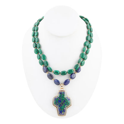 Green Malachite Azurite Cross Statement Golden Necklace Barse Jewelry