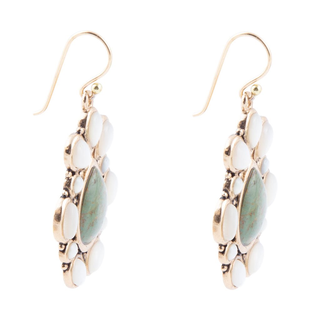 Green Turquoise and White Mother of Pearl Golden Bronze Drop Earrings Barse Jewelry