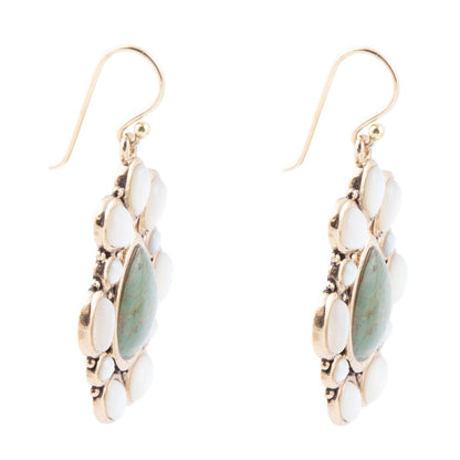 Green Turquoise and White Mother of Pearl Golden Bronze Drop Earrings Barse Jewelry