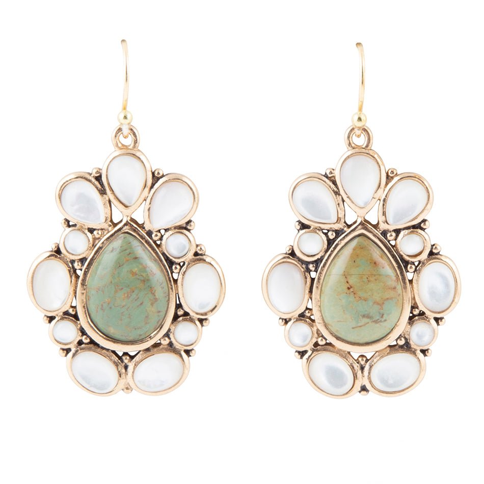 Green Turquoise and White Mother of Pearl Golden Bronze Drop Earrings Barse Jewelry