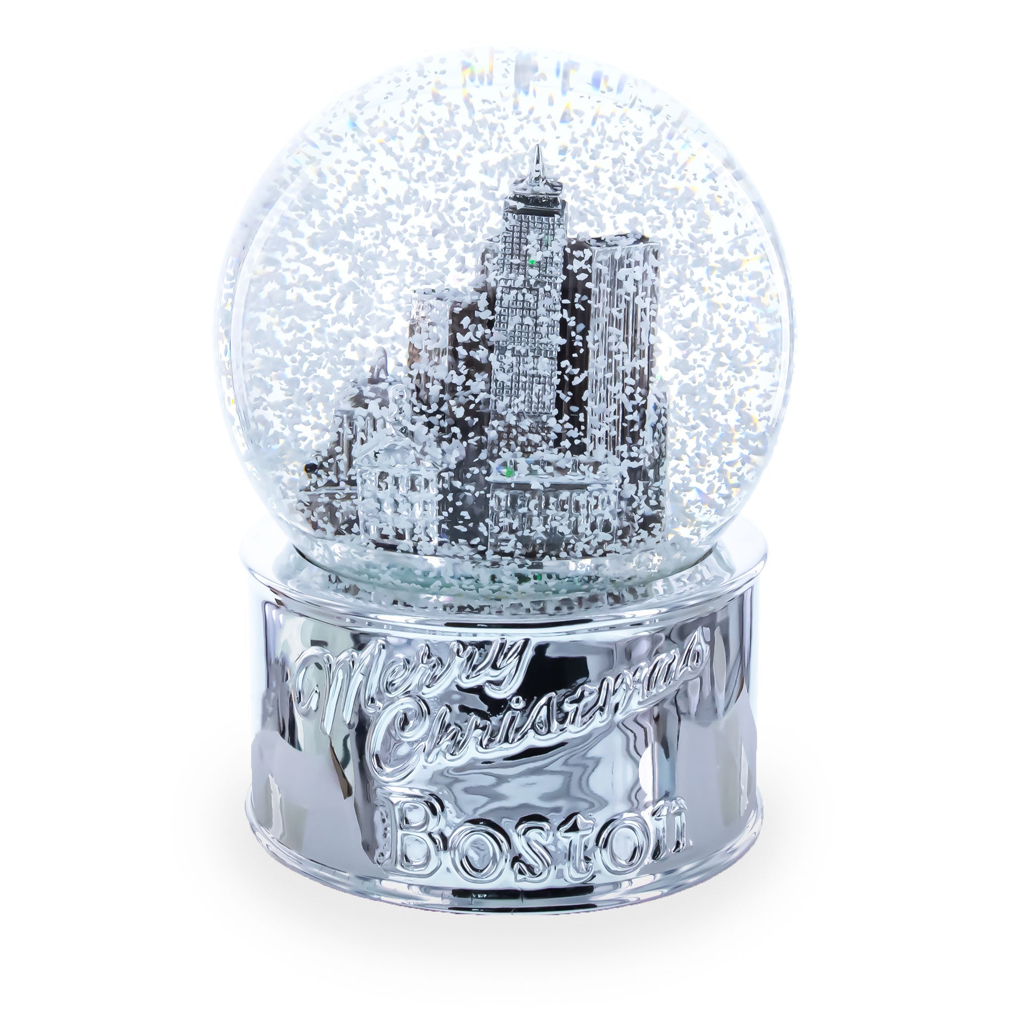 Boston Cityscape Silver Base Glass Water Snow Globe