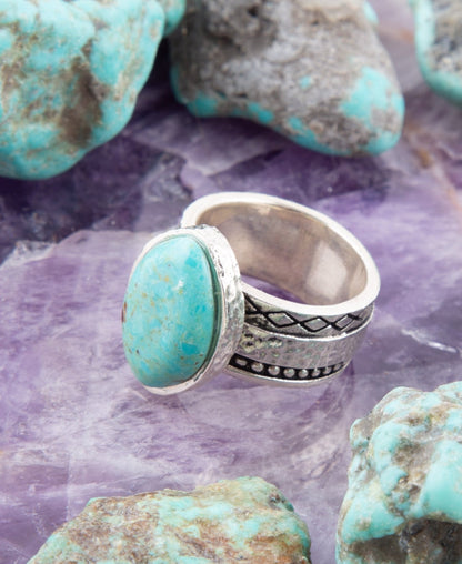 Hammered Big Sterling Silver and Blue Turquoise Ring Barse Jewelry