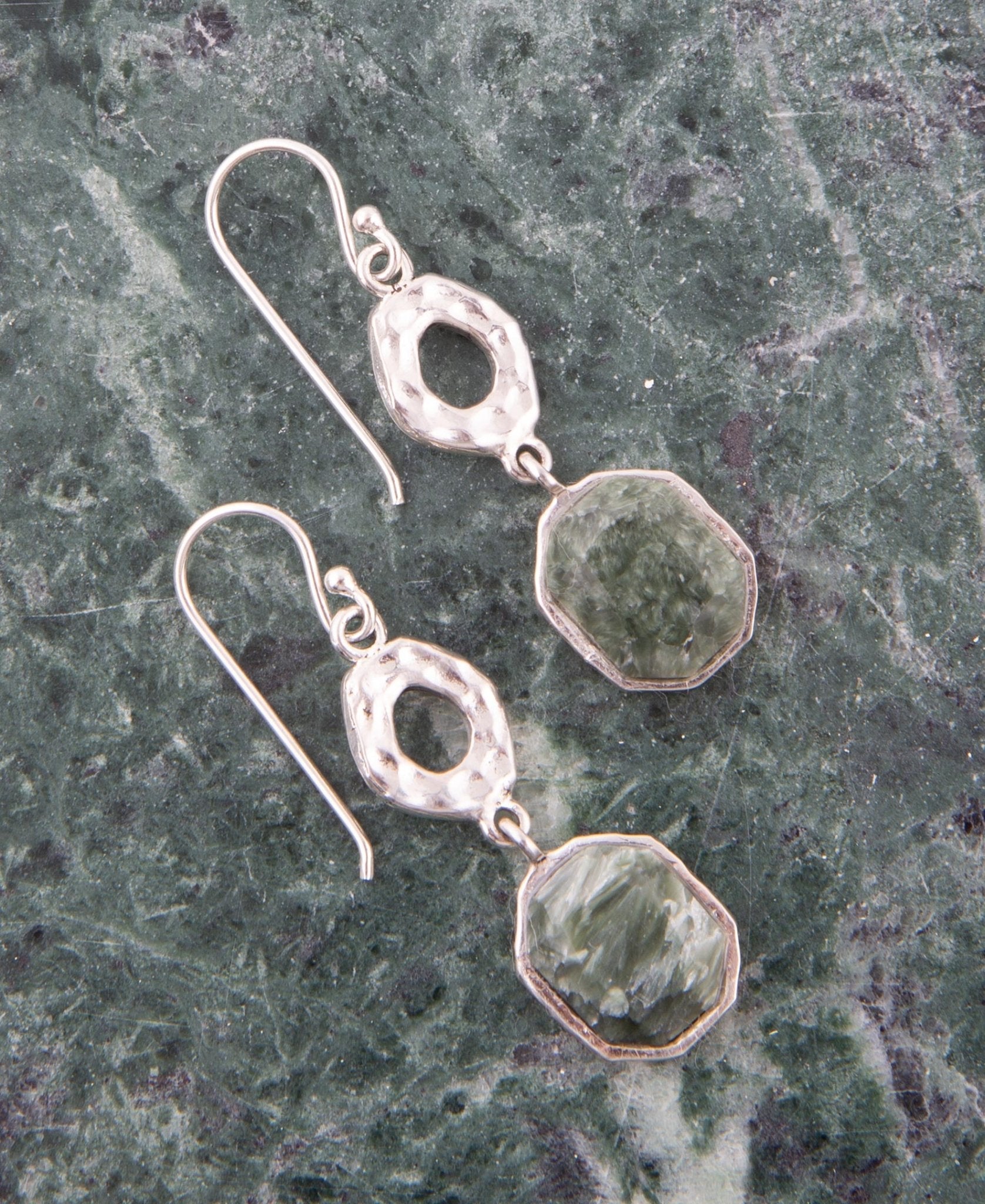 Hammered Green Seraphinite and Sterling Silver Drop Earrings Barse Jewelry