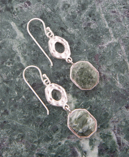 Hammered Green Seraphinite and Sterling Silver Drop Earrings Barse Jewelry