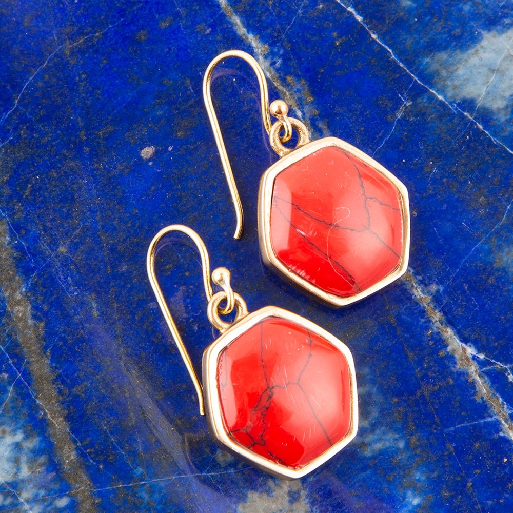 Hexagon Red Howlite Earrings Barse Jewelry