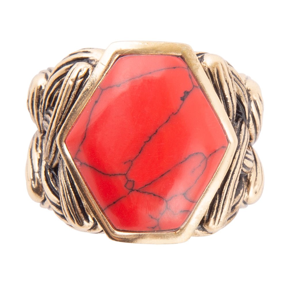Hexagon Red Howlite Ring Barse Jewelry